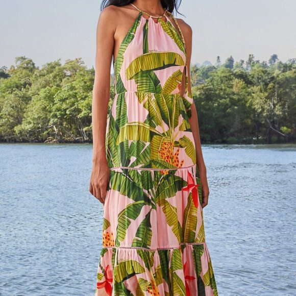 NEW! $295 FARM RIO BANANA LEAVES Pink Sleeveless MAXI DRESS Size M 8 10 - Picture 2 of 9